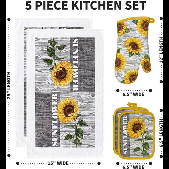5 Pieces Sunflower Kitchen Designers Soft and Absorbent Cotton Towels - Picture 2 of 6